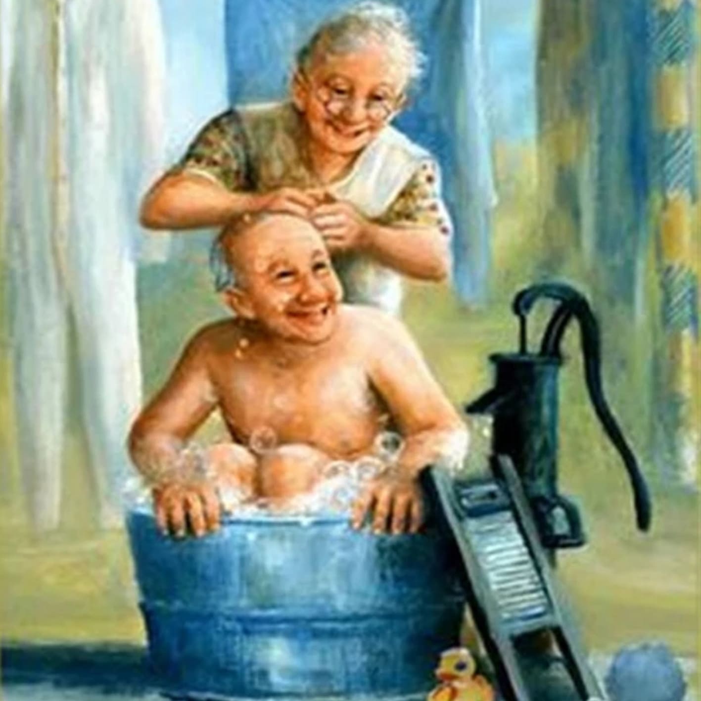 Diamond Painting mit Großmutter, die einen älteren Mann in einer Zinkwanne badet.

