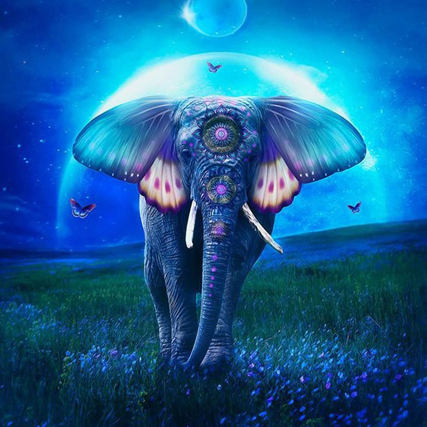 Diamond Painting eines Elefanten, dessen Ohren aus bunten Schmetterlingsflügeln bestehen.