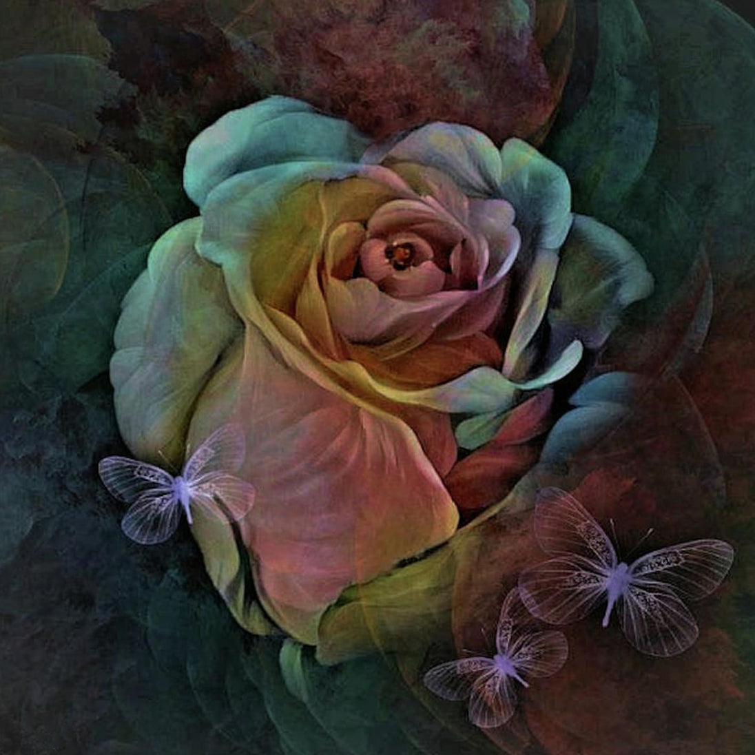 Diamond Painting mit weißer Rose und filigranen Schmetterlingen auf dunklem Hintergrund.

