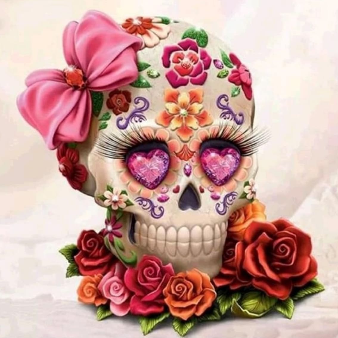 Diamond Painting mit floralem Sugar Skull, Herzaugen, rosa Schleife und roten Rosen.
