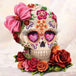Diamond Painting mit floralem Sugar Skull, Herzaugen, rosa Schleife und roten Rosen.
