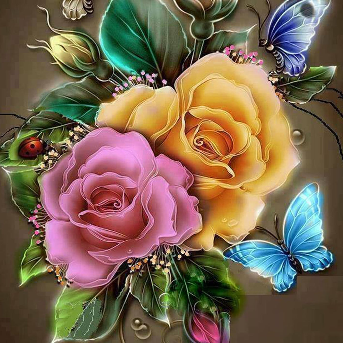 Diamond Painting mit gelber und rosa Rose, blauen Schmetterlingen und grünem Blattwerk.
