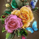 Diamond Painting mit gelber und rosa Rose, blauen Schmetterlingen und grünem Blattwerk.

