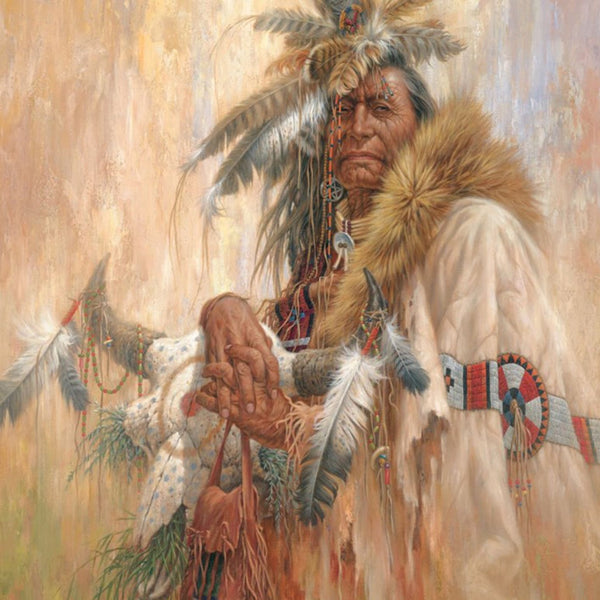 Diamond Painting mit Indianerhäuptling, Federkopfschmuck und traditioneller Kleidung im realistischen Stil.