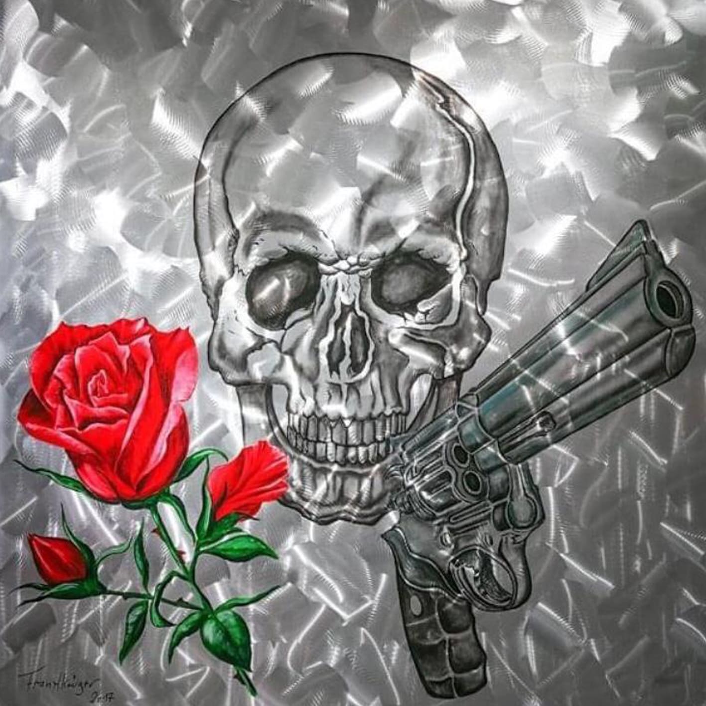 Diamond Painting mit Totenkopf, roter Rose und metallischem Hintergrund im realistischen Stil.
