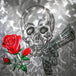 Diamond Painting mit Totenkopf, roter Rose und metallischem Hintergrund im realistischen Stil.
