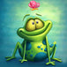Diamond Painting mit grünem Comic-Frosch und rosa Schmetterling im modernen Cartoon-Stil.
