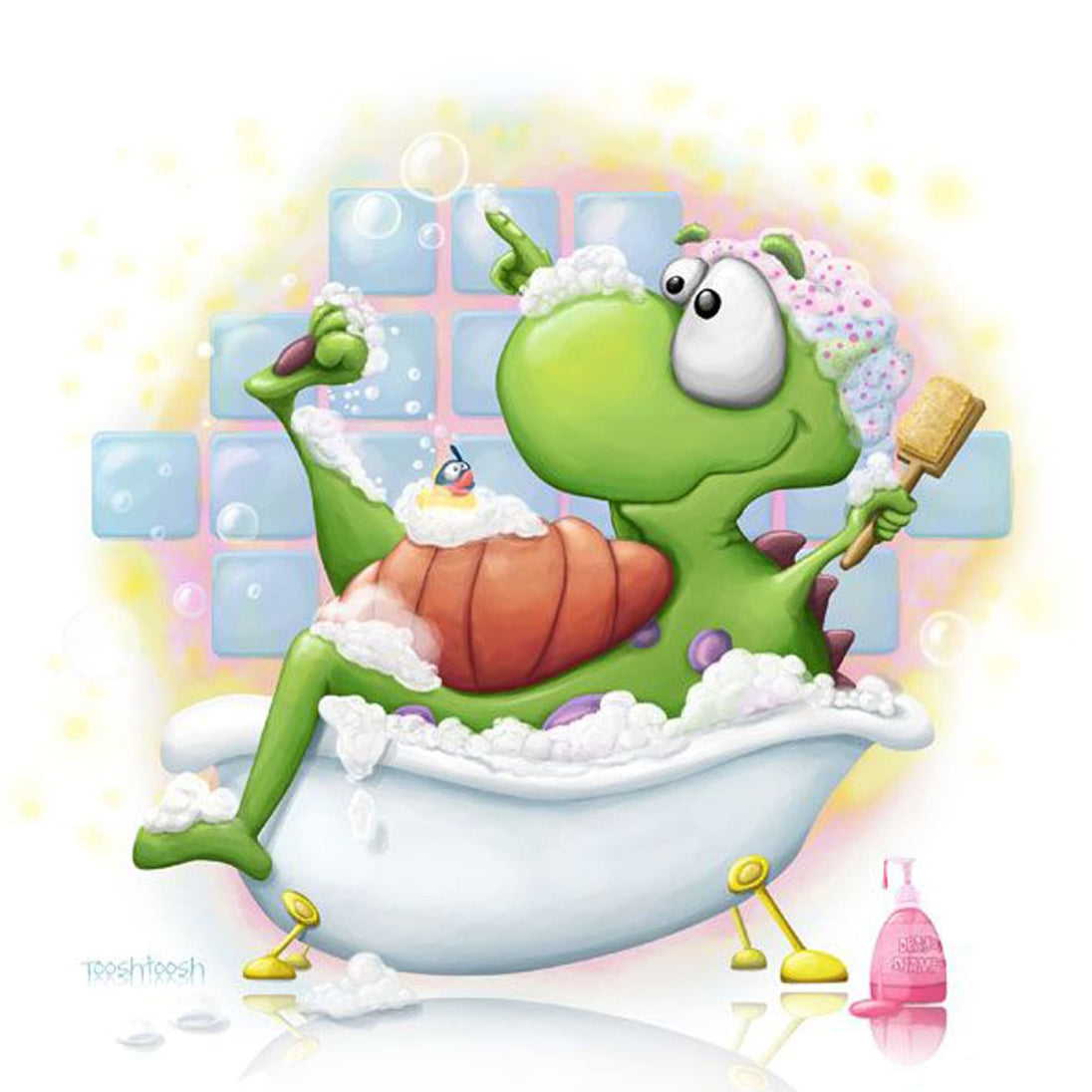 Diamond Painting mit grünem Dino im Schaumbad, Badewanne, Seifenblasen und Badeente.
