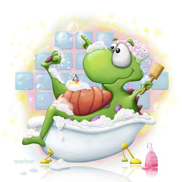 Diamond Painting mit grünem Dino im Schaumbad, Badewanne, Seifenblasen und Badeente.
