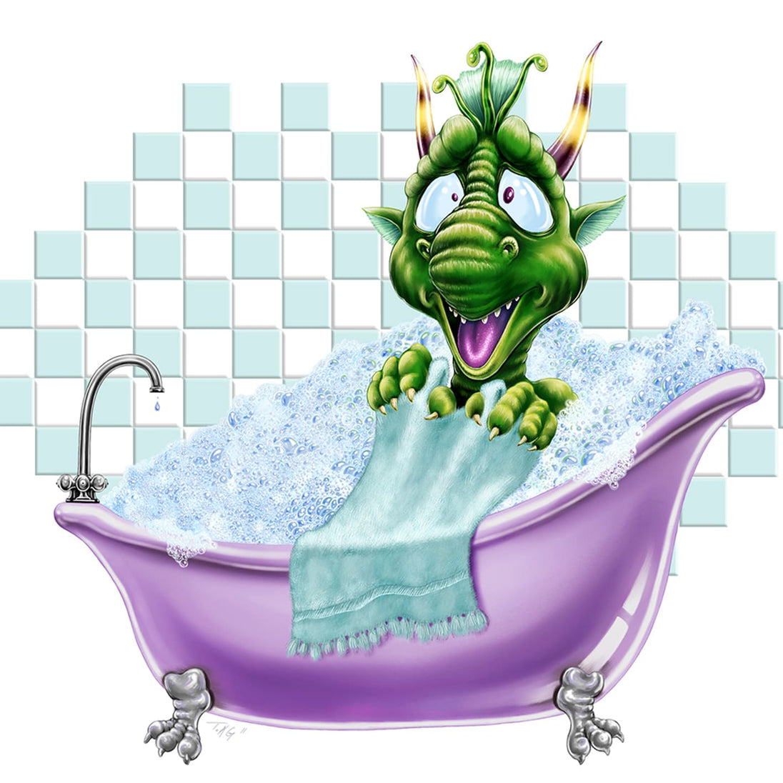 Diamond Painting eines kleinen grünen Drachen, der vergnügt in einer weißen Badewanne mit Schaum spielt.