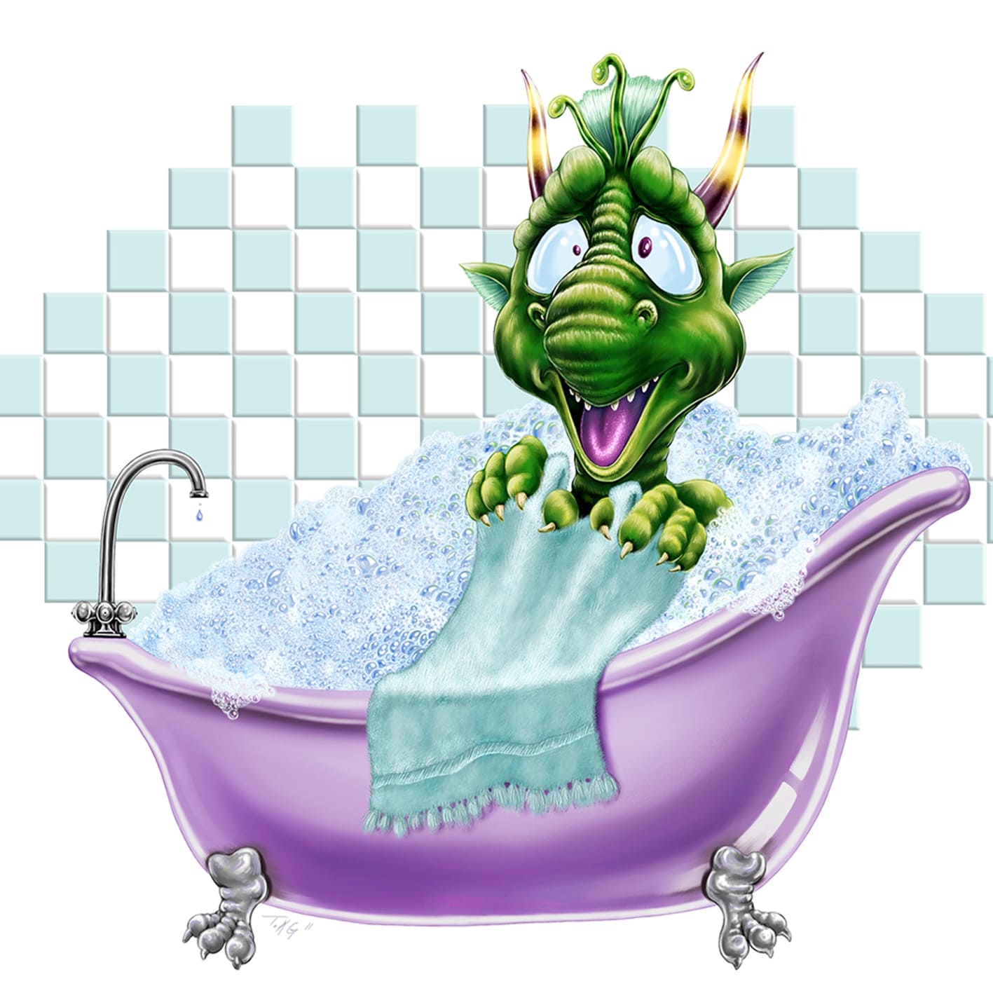 Diamond Painting eines kleinen grünen Drachen, der vergnügt in einer weißen Badewanne mit Schaum spielt.