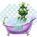 Diamond Painting eines kleinen grünen Drachen, der vergnügt in einer weißen Badewanne mit Schaum spielt.