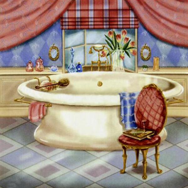 Diamond Painting Motiv eines dekorativen Holzschildes mit der Aufschrift „Zum Bad“ und floralen Ornamenten.
