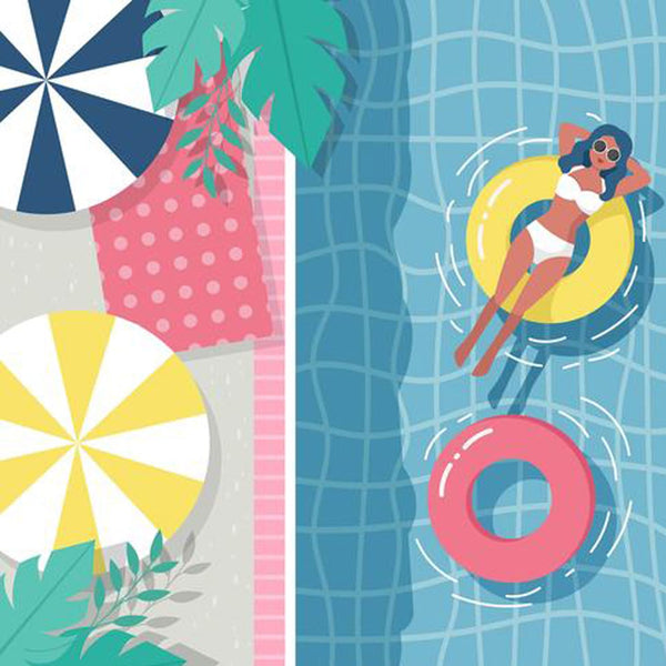 Diamond Painting mit Frau auf Schwimmreifen im Pool, Sonnenschirmen und Palmenblättern.

