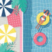 Diamond Painting mit Frau auf Schwimmreifen im Pool, Sonnenschirmen und Palmenblättern.

