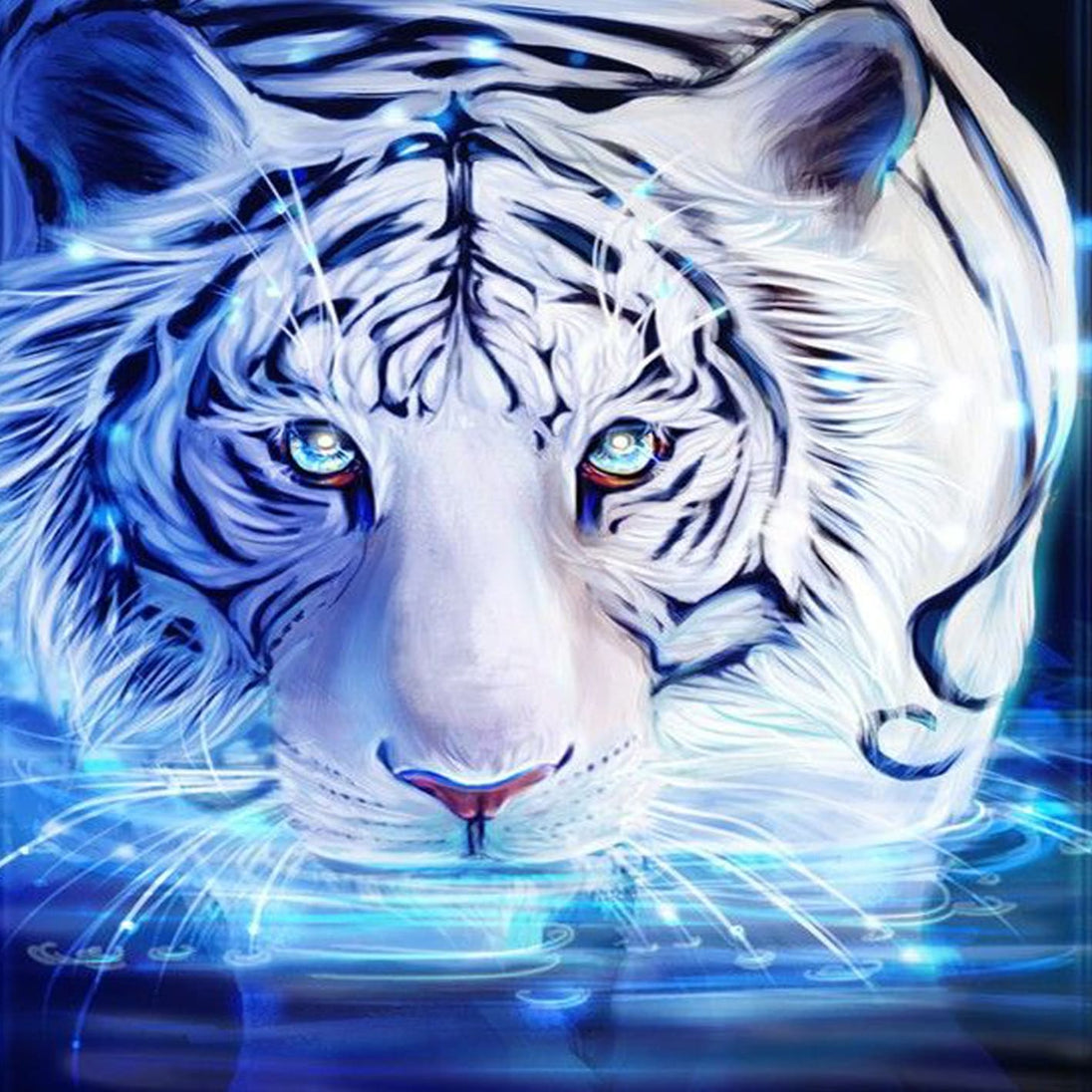 Diamond Painting mit weißem Tiger und leuchtender Wasseroberfläche in blauen Lichtfarben.
