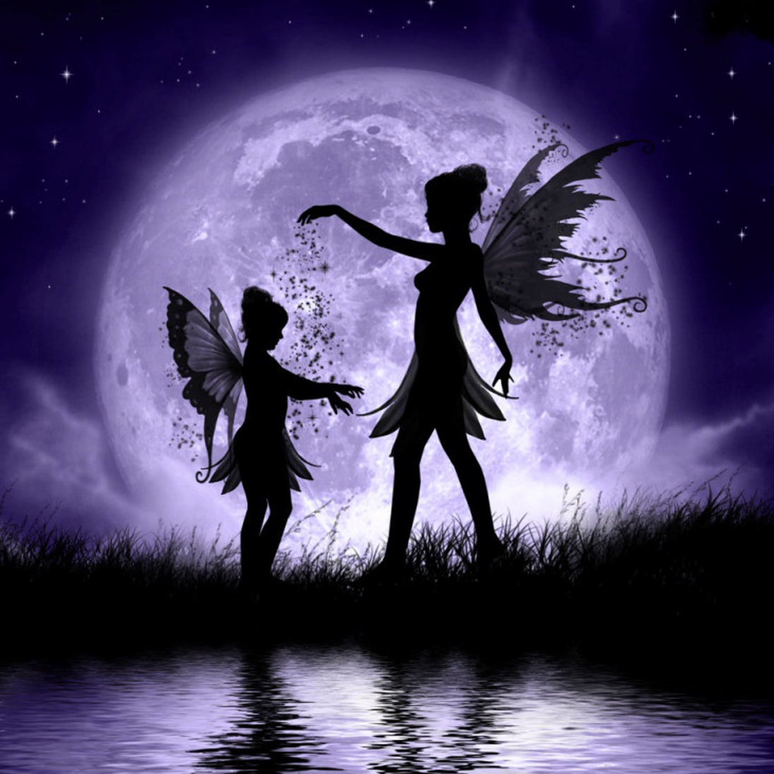 Diamond Painting mit Elfenmutter und Elfentochter vor leuchtendem Vollmond und funkelndem Elfenstaub.
