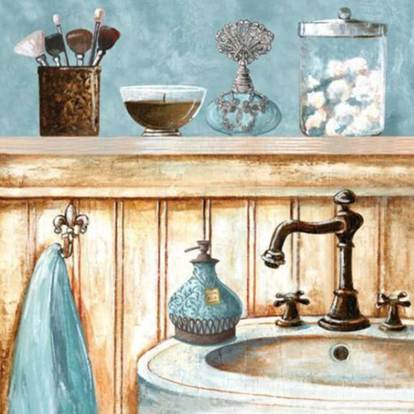 Diamond Painting Stillleben einer Badewanne mit Blumen und Kerzen im gemütlichen Landhausstil.
