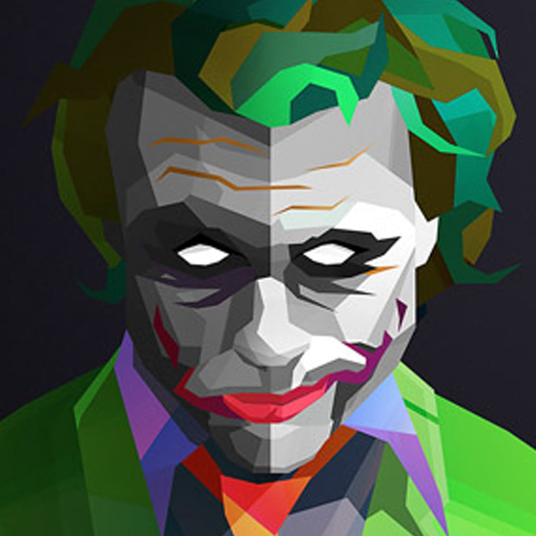 Diamond Painting Porträt des Jokers im geometrischen Low-Poly-Stil mit grünen Haaren.
