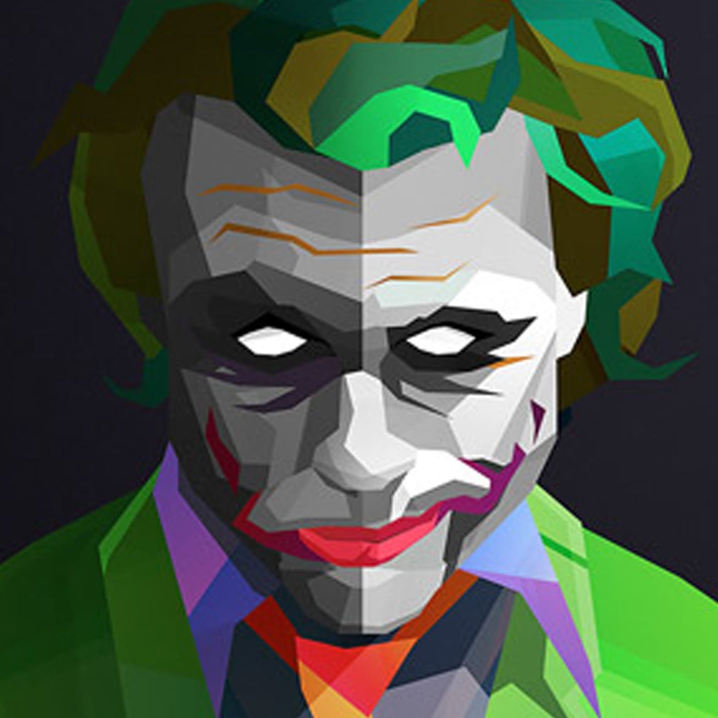 Diamond Painting Porträt des Jokers im geometrischen Low-Poly-Stil mit grünen Haaren.

