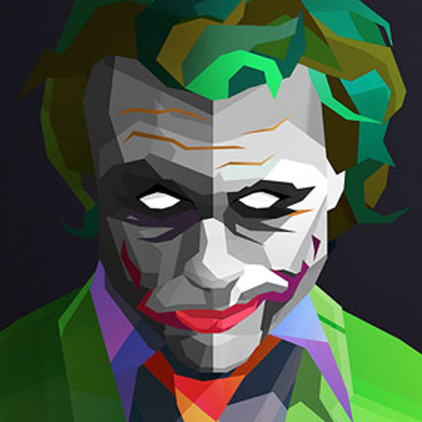Diamond Painting Porträt des Jokers im geometrischen Low-Poly-Stil mit grünen Haaren.
