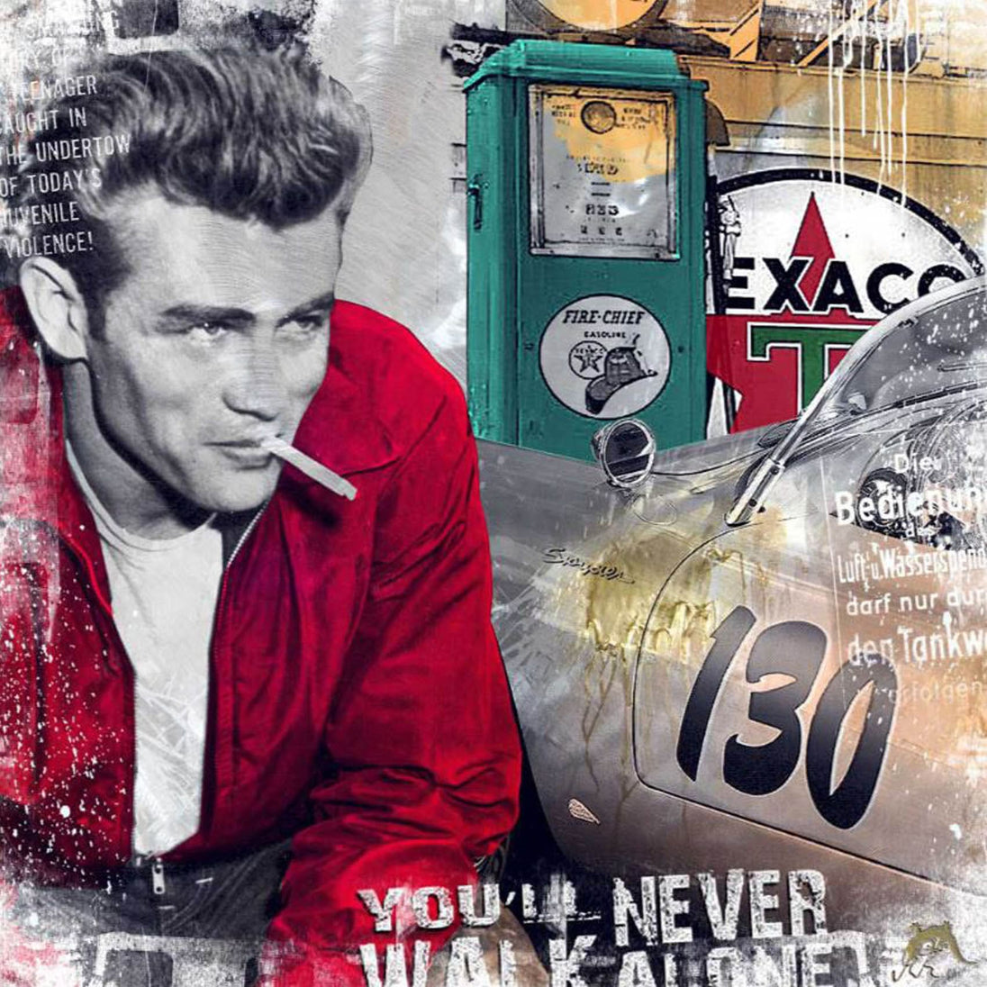 Diamond Painting James Dean im roten Jacket vor einer Collage mit Tankstelle und Rennwagen.
