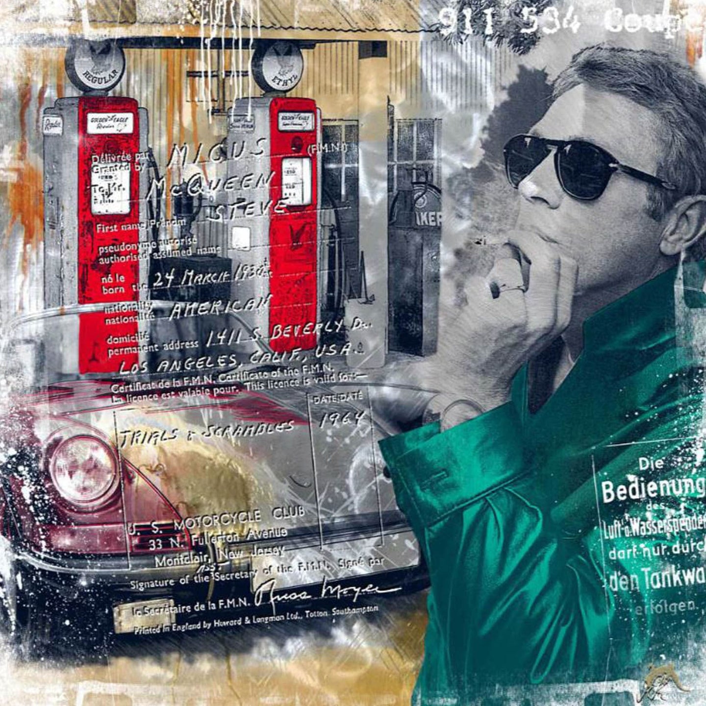 Diamond Painting Steve McQueen mit Sonnenbrille vor einer Collage aus Dokumenten und Rennsport.
