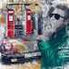 Diamond Painting Steve McQueen mit Sonnenbrille vor einer Collage aus Dokumenten und Rennsport.
