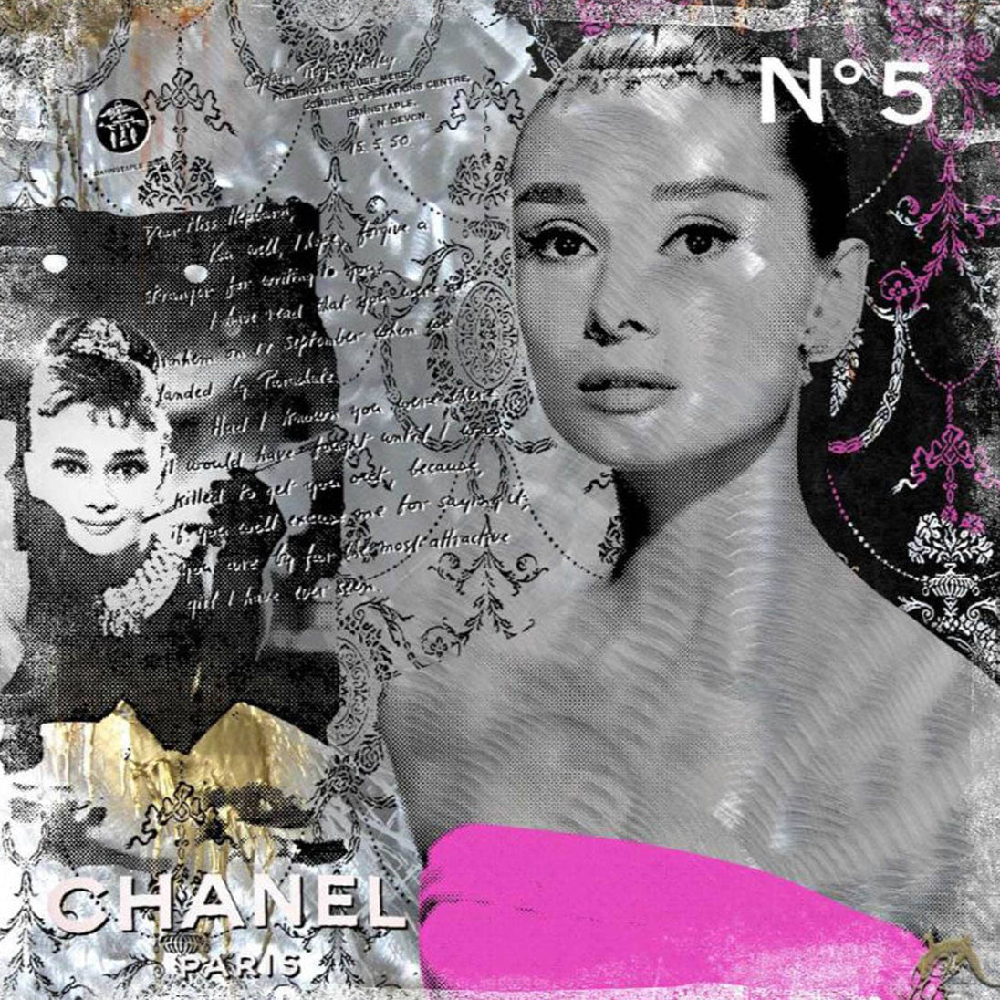 Diamond Painting Audrey Hepburn Porträt in Schwarz-Weiß mit einem leuchtend pinken Farbakzent.
