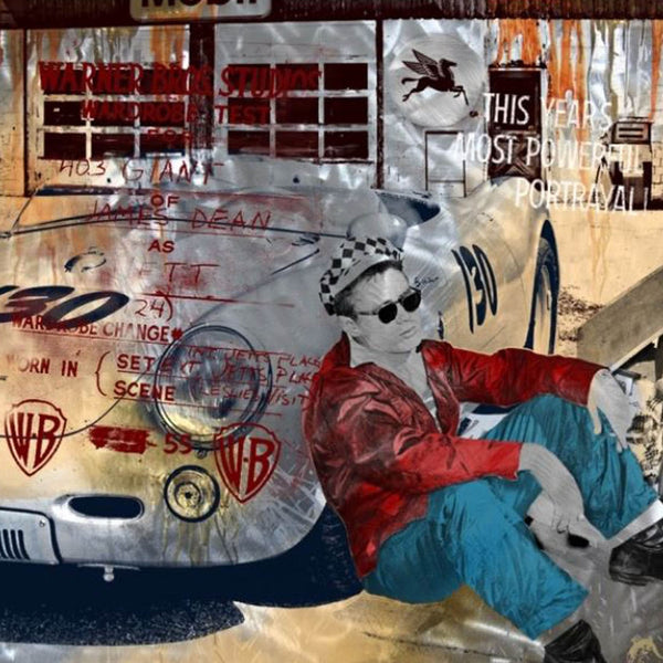 Diamond Painting James Dean sitzend vor einem Rennwagen in einer filmischen Collage.