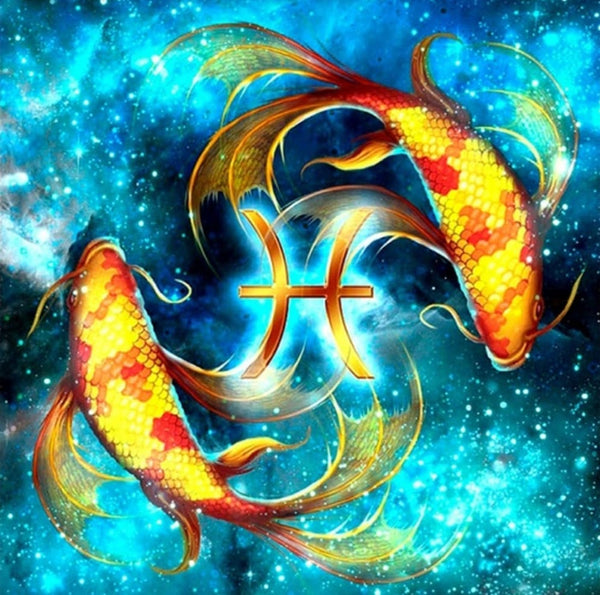 Diamond Painting mit zwei Koi-Fischen und goldenem Fische-Symbol in leuchtender Unterwasseroptik.