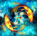 Diamond Painting mit zwei Koi-Fischen und goldenem Fische-Symbol in leuchtender Unterwasseroptik.