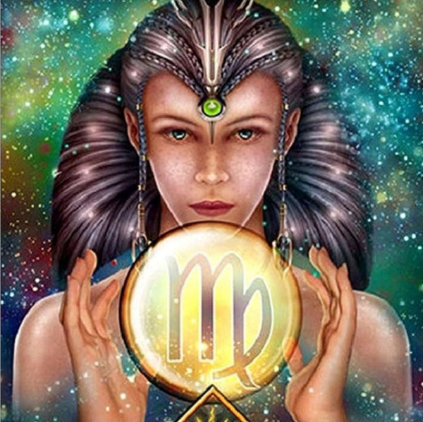 Diamond Painting einer Frau mit Kristallkugel und Jungfrau-Symbol vor einem Sternenhimmel.