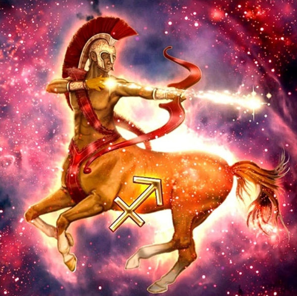 Diamond Painting Zentaur mit Bogen als Symbol des Sternzeichens Schütze vor kosmischem Hintergrund.