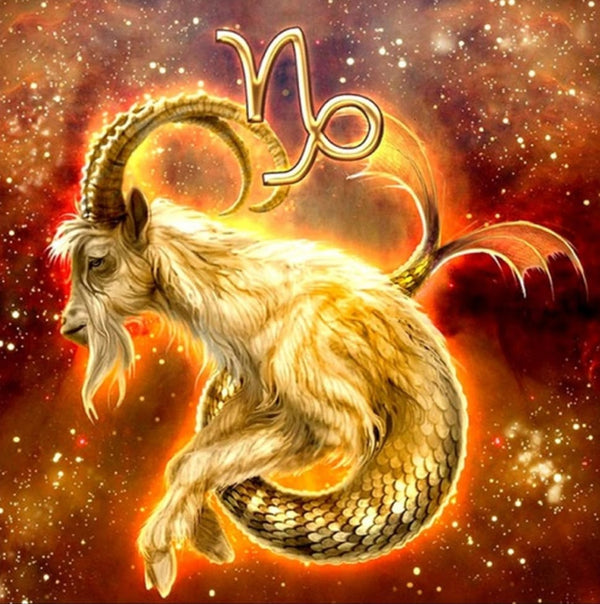 Diamond Painting mit Steinbock Tierkreiszeichen vor einem funkelnden kosmischen Hintergrund.