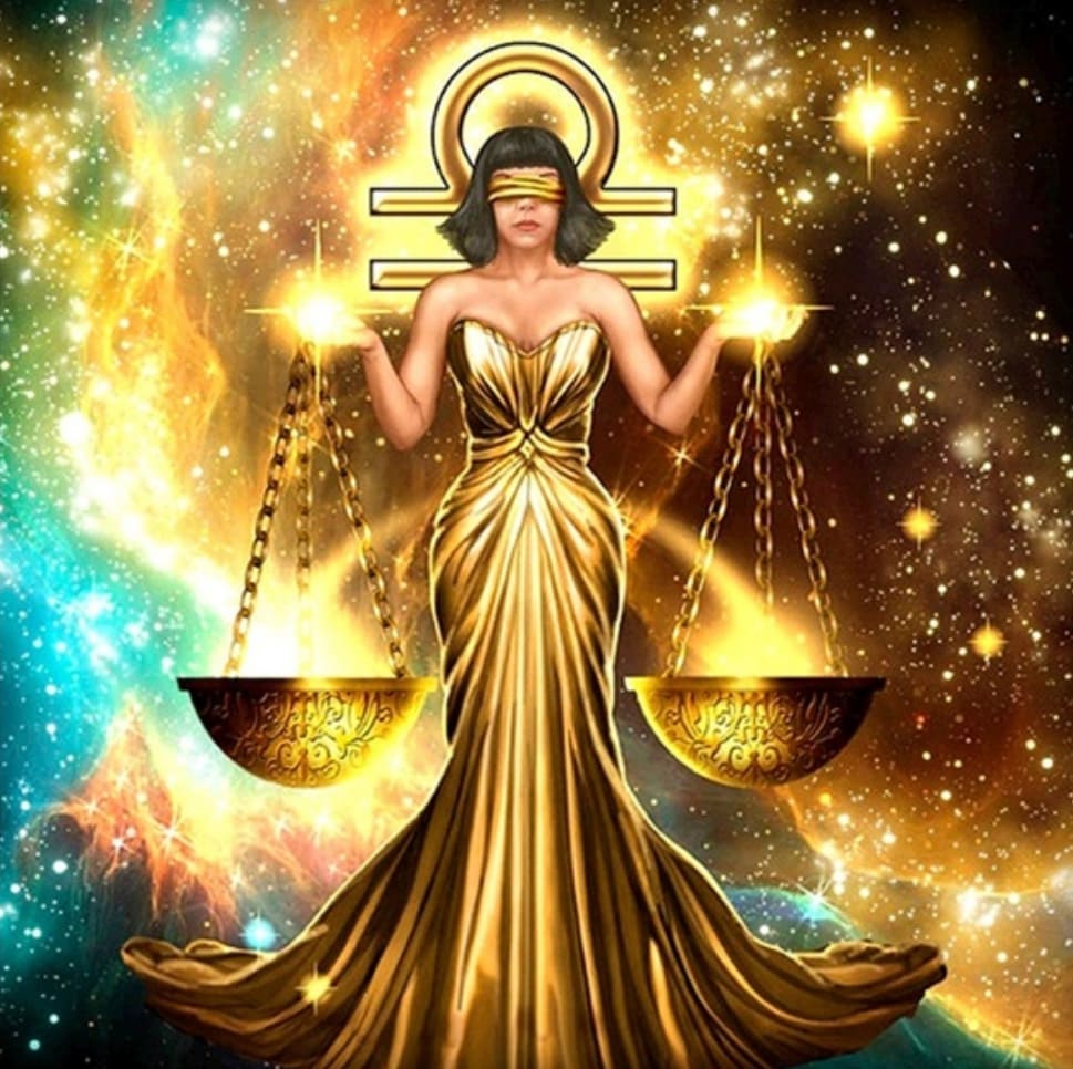 Diamond Painting mit Frau und goldener Waage vor einem funkelnden kosmischen Hintergrund.