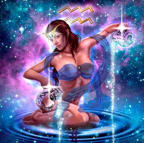 Diamond Painting Wassermann-Frau mit Wasserkrügen in einer blau-violetten Sternenlandschaft.