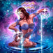 Diamond Painting Wassermann-Frau mit Wasserkrügen in einer blau-violetten Sternenlandschaft.
