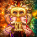 Diamond Painting mit zwei Gesichtern, goldener Maske und Zwillinge-Symbol vor kosmischem Hintergrund.