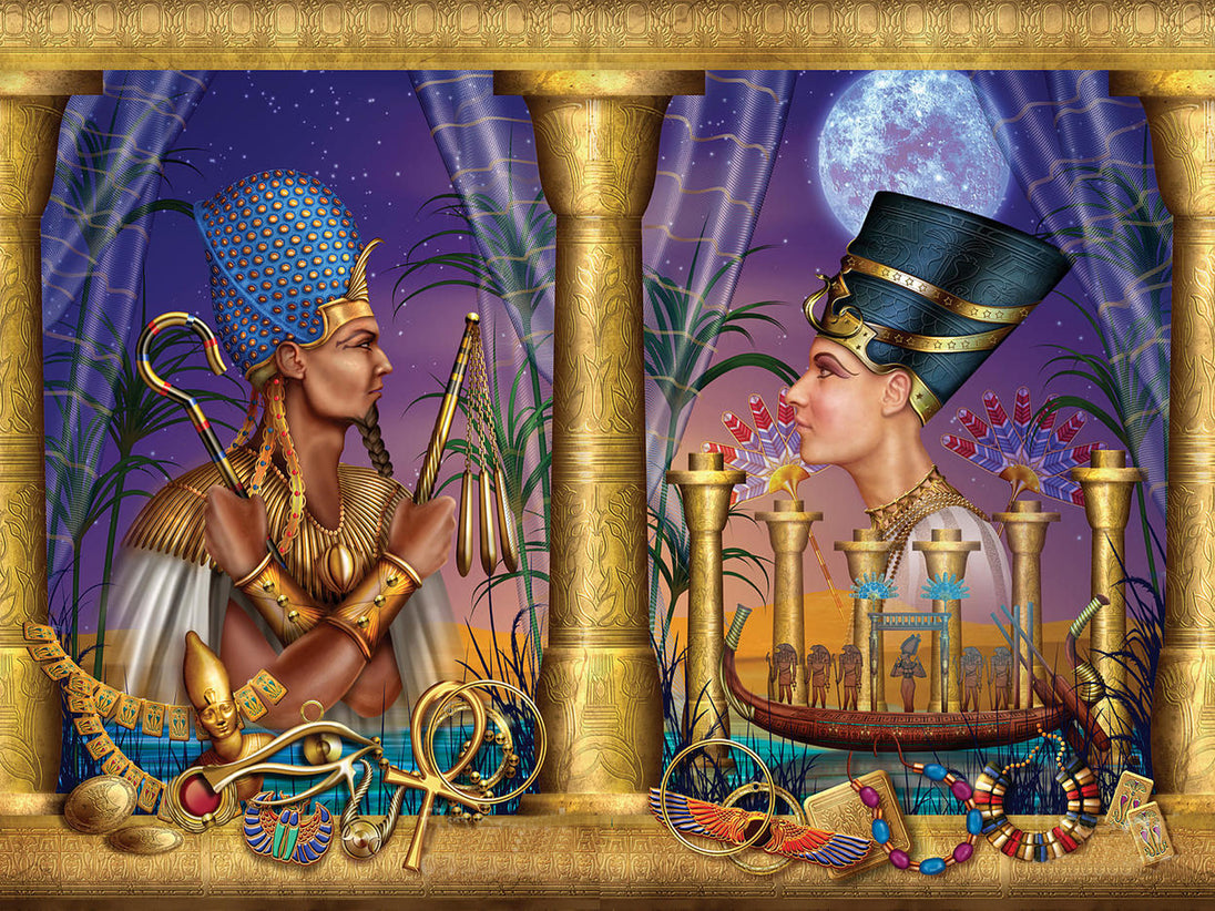 Diamond Painting von Nefertiti und Echnaton unter einem Vollmond mit ägyptischen Symbolen und Schmuck. 