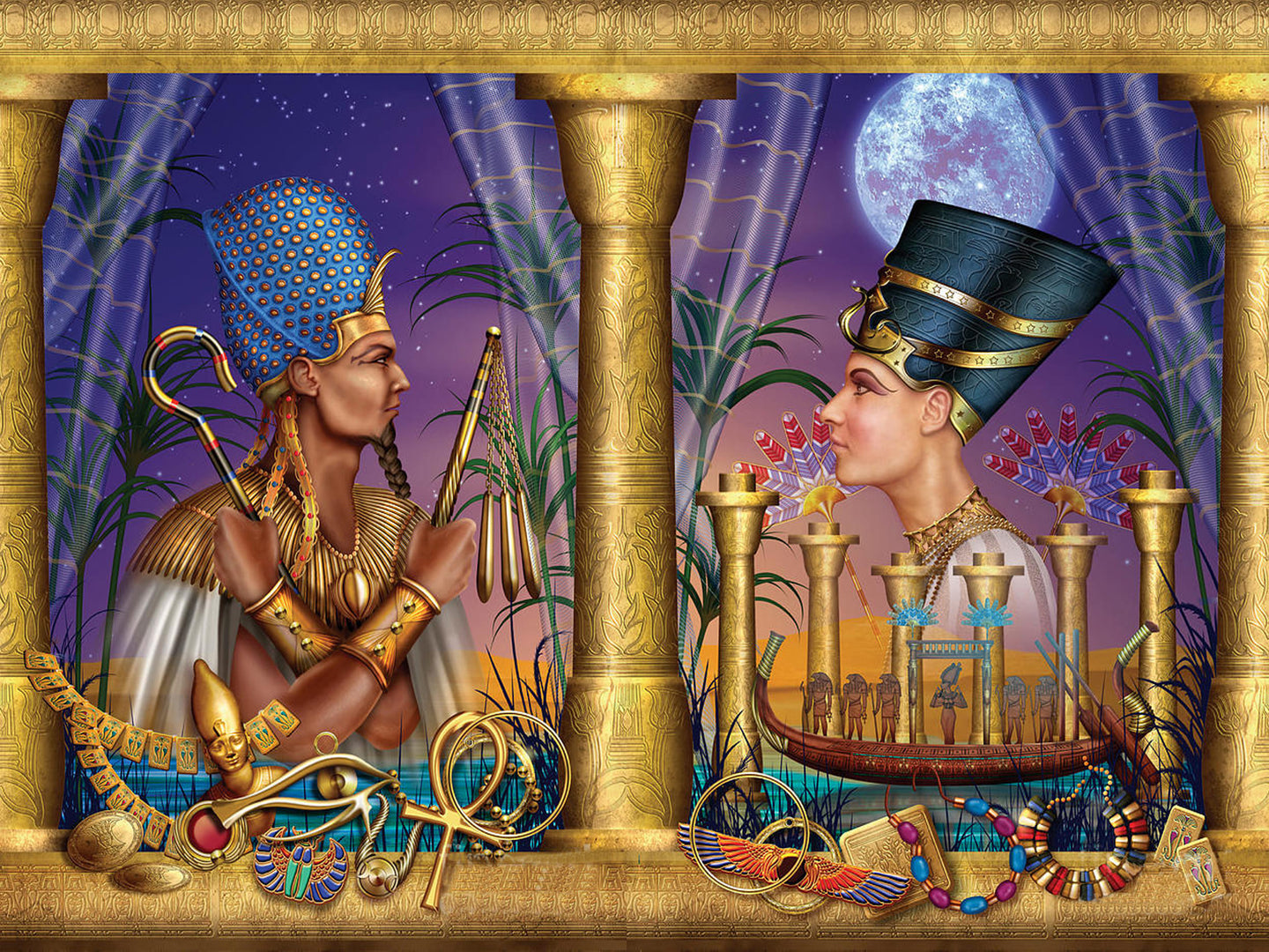 Diamond Painting von Nefertiti und Echnaton unter einem Vollmond mit ägyptischen Symbolen und Schmuck. 