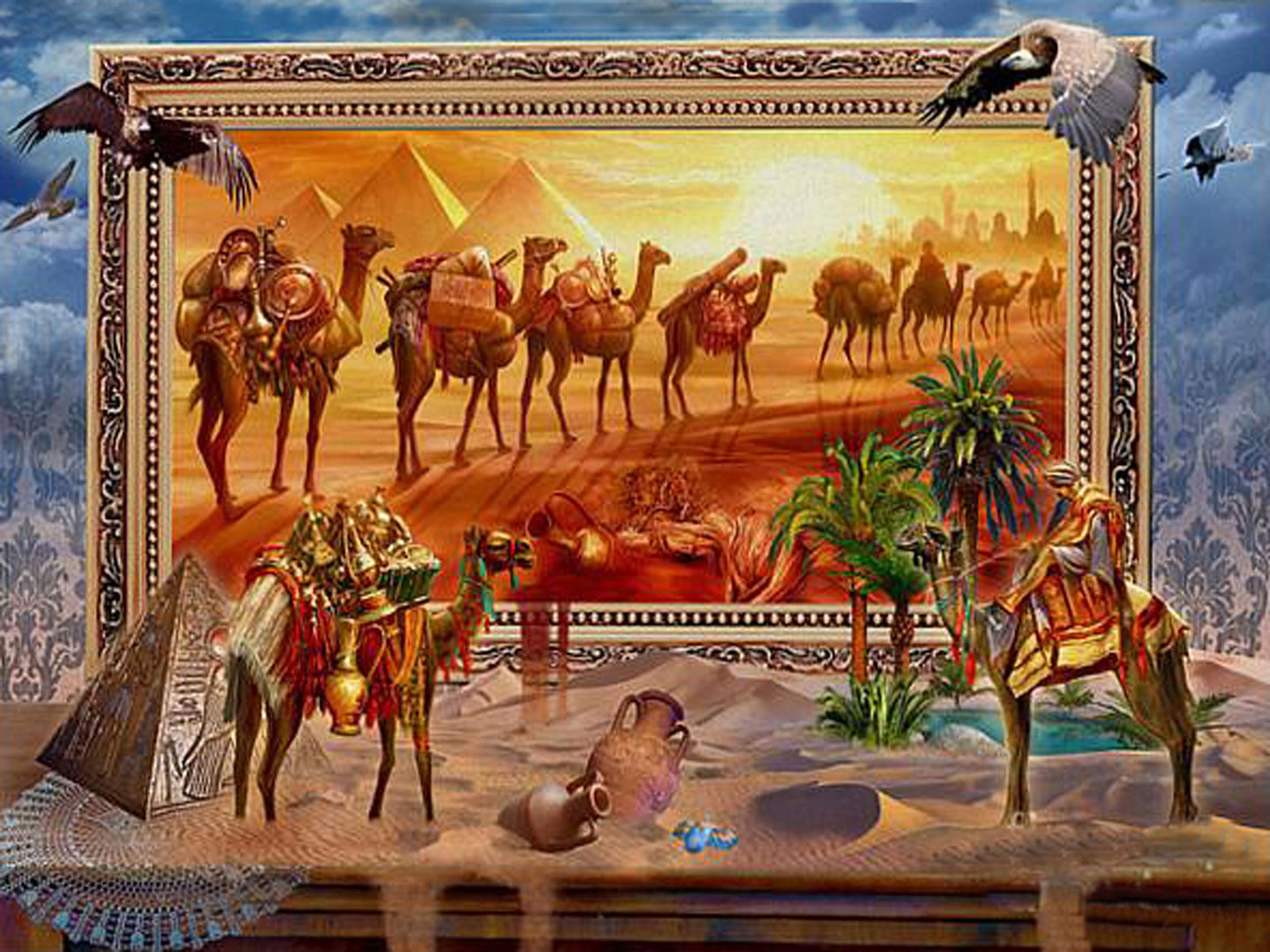Diamond Painting einer Karawane mit Kamelen vor den Pyramiden von Ägypten im goldenen Sonnenuntergang. 