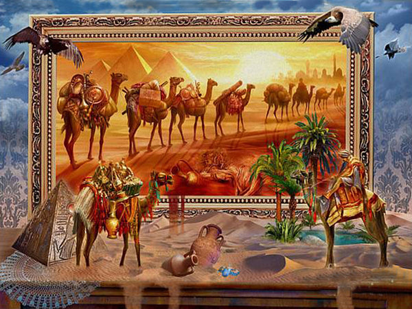 Diamond Painting einer Karawane mit Kamelen vor den Pyramiden von Ägypten im goldenen Sonnenuntergang. 