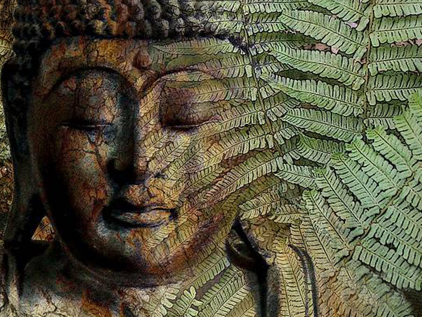 Diamond Painting eines Buddhas aus Stein, der teilweise von grünen Farnblättern verdeckt wird. 
