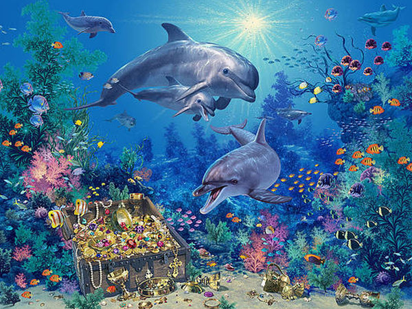 Diamond Painting einer Unterwasserwelt mit Delfinen, bunten Fischen und einer offenen Schatztruhe voll Gold. 
