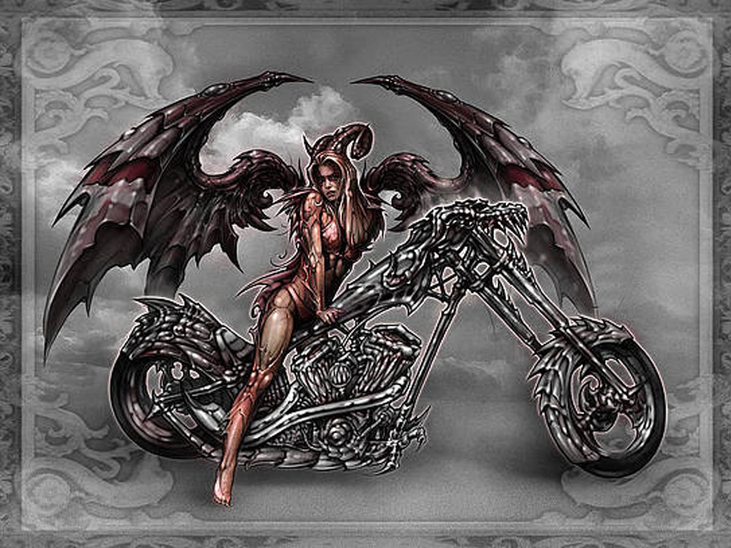 Diamond Painting einer geflügelten Frau mit Hörnern auf einem Motorrad in Drachenoptik auf grauem Grund. 
