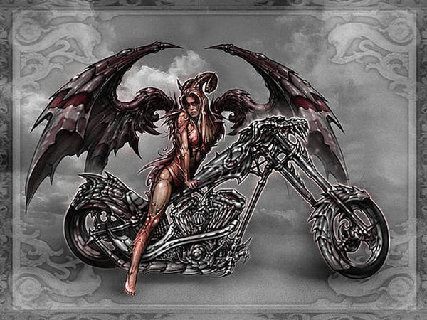 Diamond Painting einer geflügelten Frau mit Hörnern auf einem Motorrad in Drachenoptik auf grauem Grund. 
