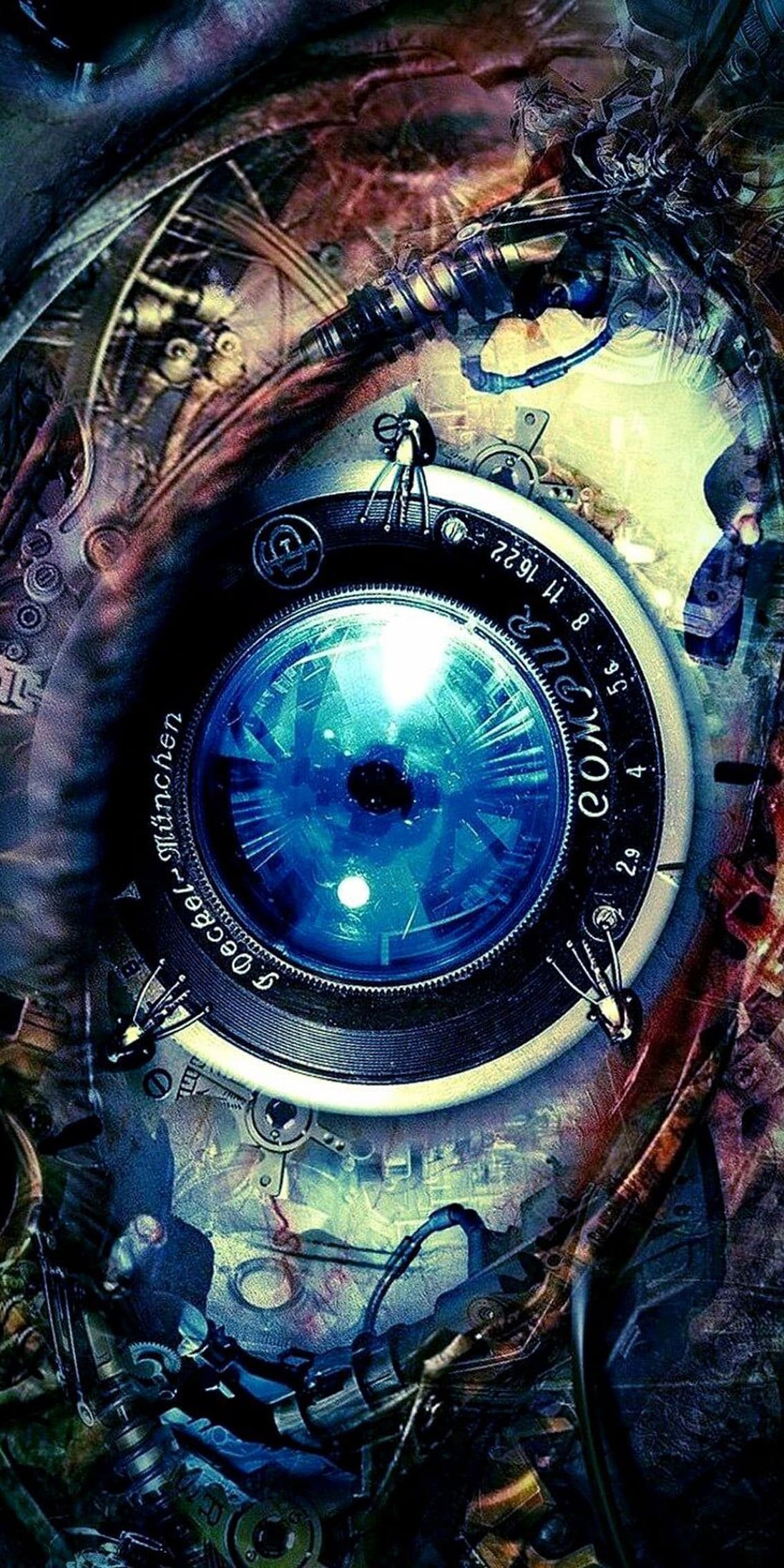 Diamond Painting eines mechanischen Steampunk-Auges mit blauer Linse eingebettet in kupferfarbene Zahnräder und Technik. 
