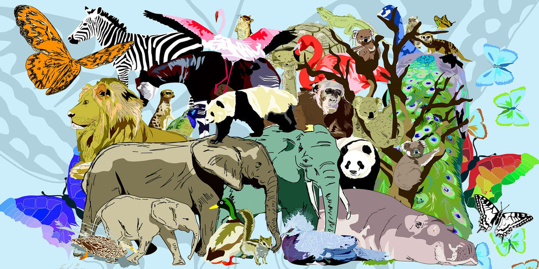Diamond Painting mit Zebra, Löwe, Elefant, Panda, Flamingo und weiteren Tieren auf hellblauem Hintergrund.