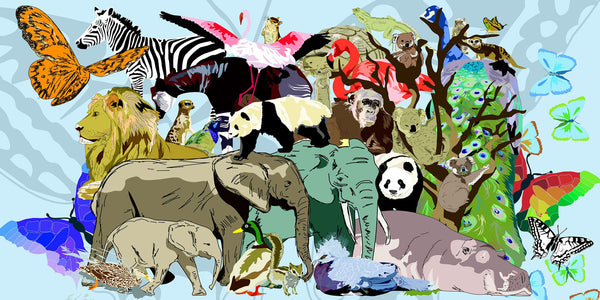 Diamond Painting mit Zebra, Löwe, Elefant, Panda, Flamingo und weiteren Tieren auf hellblauem Hintergrund.